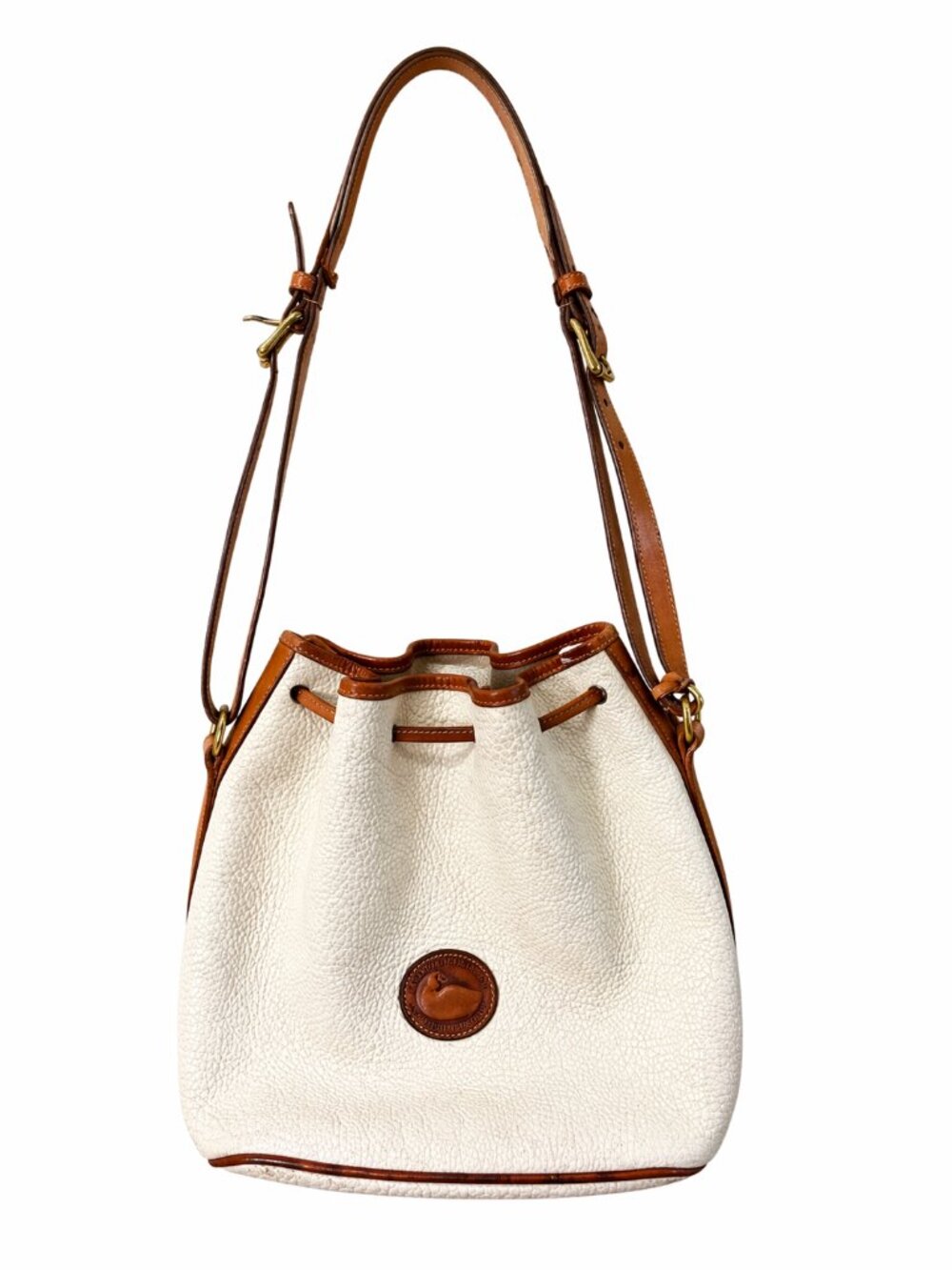 Vintage Dooney & Bourke Leather Bucket Bag Cream Brown Trim Drawstring Crossbody